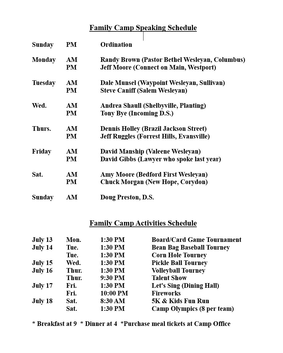 Family Camp 2026 Speaker and Activities Schedule